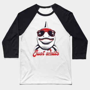 Funny white shark with red glasses invite you to smile Baseball T-Shirt